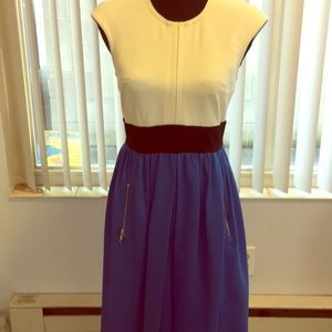 White and blue dress with black waist band